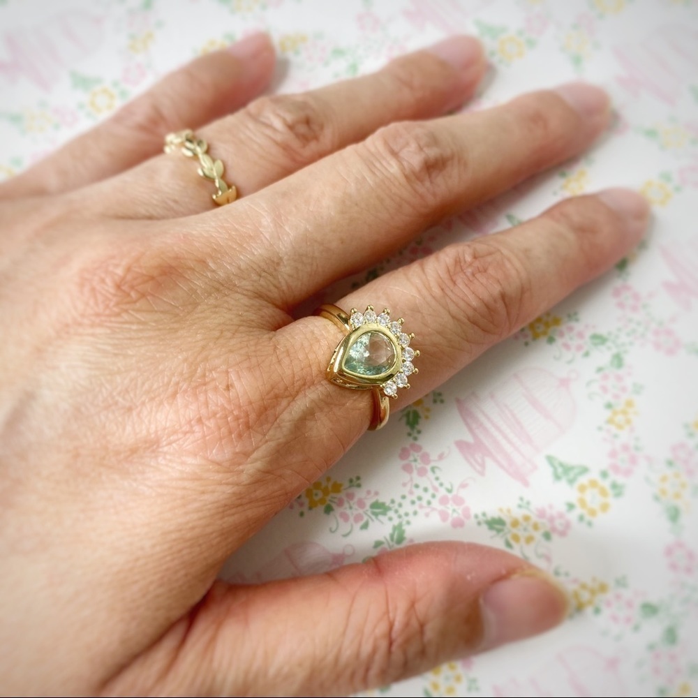 Pale Green Teardrop Faux Amethyst Semi-Halo Ring 6